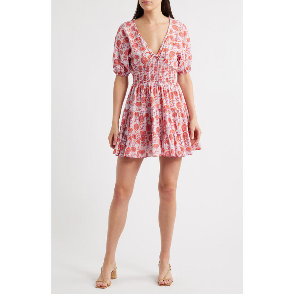 NWT! Saylor Greyson Puff Sleeve Cotton Mini Sundress in Pink Multi Size Medium